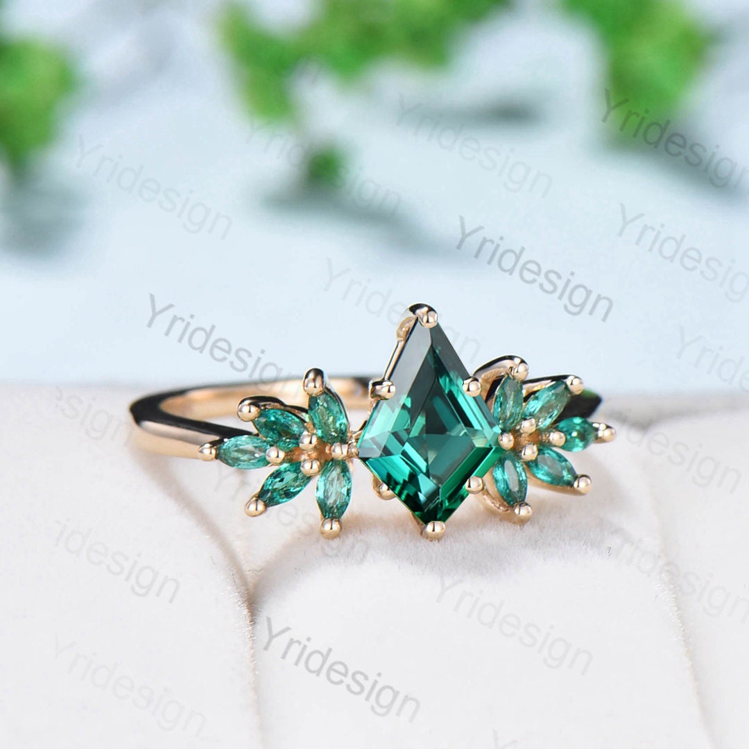 Vintage emerald engagement ring Unique kite cut green crystal cluster marquise emerald wedding ring for women anniversary promise ring gift - PENFINE