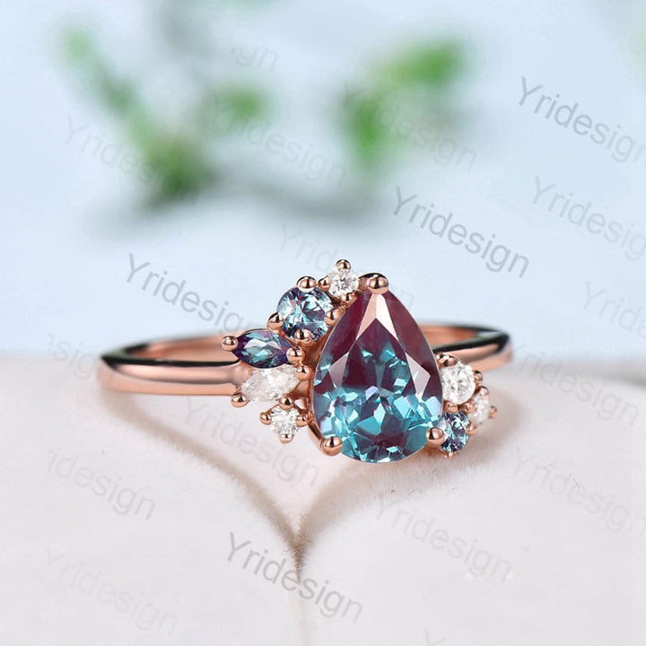 Pear shaped alexandrite ring rose gold vintage unique alexandrite engagement ring alternative cluster ring art deco moissanite bridal ring - PENFINE