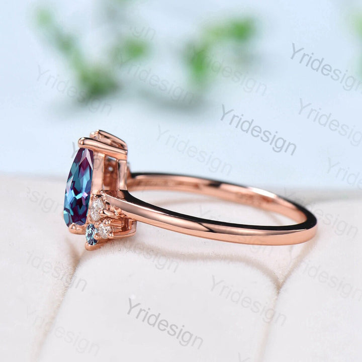 Pear shaped alexandrite ring rose gold vintage unique alexandrite engagement ring alternative cluster ring art deco moissanite bridal ring - PENFINE