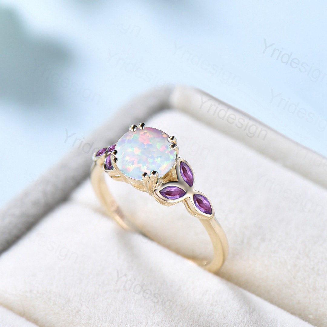 Vintage Fire opal ring for women unique Marquise amethyst opal engagement ring Bezel set Art deco bridal ring leaf band Dainty promise ring - PENFINE