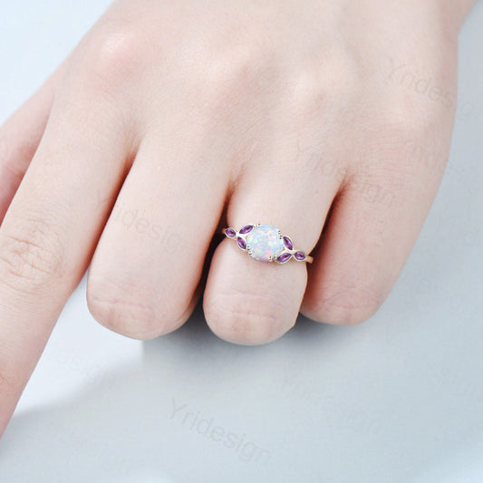 Vintage Fire opal ring for women unique Marquise amethyst opal engagement ring Bezel set Art deco bridal ring leaf band Dainty promise ring - PENFINE