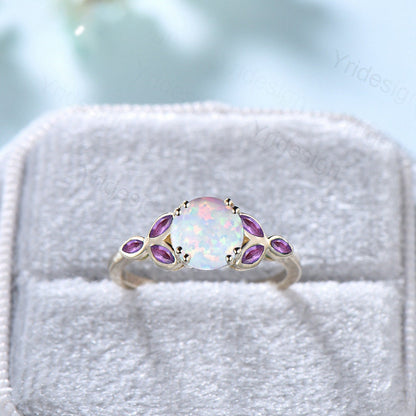 Vintage Fire opal ring for women unique Marquise amethyst opal engagement ring Bezel set Art deco bridal ring leaf band Dainty promise ring - PENFINE