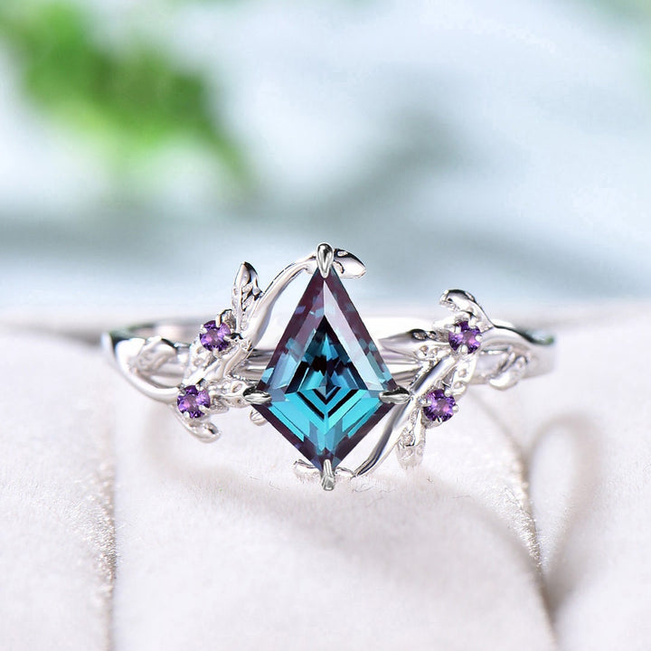 Natural Inspired Alexandrite Ring Kite Cut Vintage Unique Twig Engagement Ring Cluster Amethyst Wedding Ring Women Art Deco Leaf Branch Ring - PENFINE