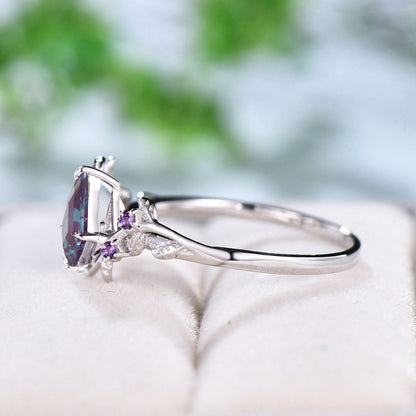 Natural Inspired Alexandrite Ring Kite Cut Vintage Unique Twig Engagement Ring Cluster Amethyst Wedding Ring Women Art Deco Leaf Branch Ring - PENFINE