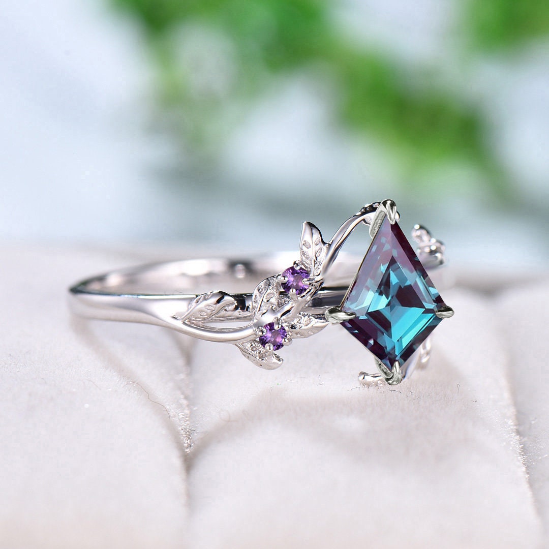 Natural Inspired Alexandrite Ring Kite Cut Vintage Unique Twig Engagement Ring Cluster Amethyst Wedding Ring Women Art Deco Leaf Branch Ring - PENFINE