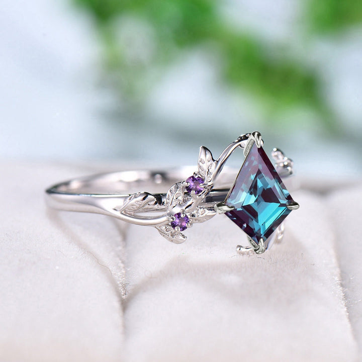 Natural Inspired Alexandrite Ring Kite Cut Vintage Unique Twig Engagement Ring Cluster Amethyst Wedding Ring Women Art Deco Leaf Branch Ring - PENFINE