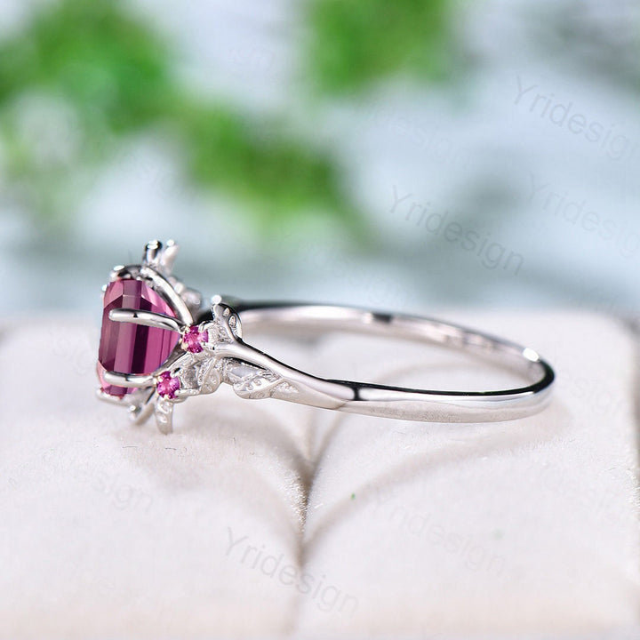 Natural Inspired Pink Tourmaline Ring Vintage Unique Twig Engagement Ring 14K White Gold Leaf Branch Wedding Ring Women Anniversary Gift - PENFINE