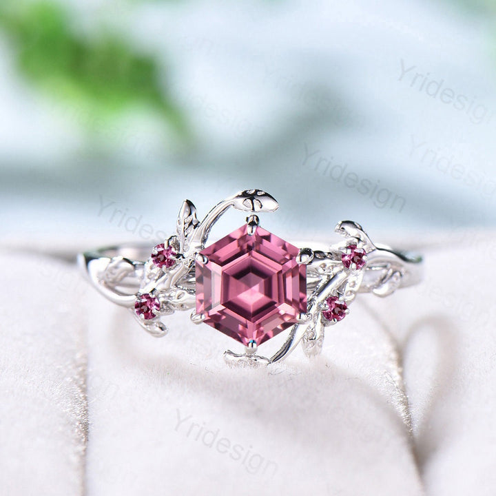 Natural Inspired Pink Tourmaline Ring Vintage Unique Twig Engagement Ring 14K White Gold Leaf Branch Wedding Ring Women Anniversary Gift - PENFINE