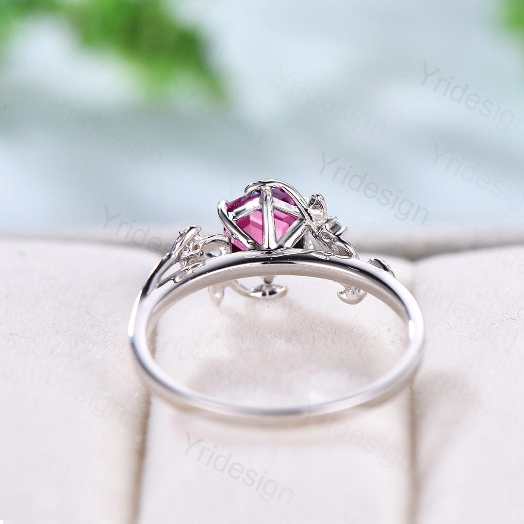 Natural Inspired Pink Tourmaline Ring Vintage Unique Twig Engagement Ring 14K White Gold Leaf Branch Wedding Ring Women Anniversary Gift - PENFINE