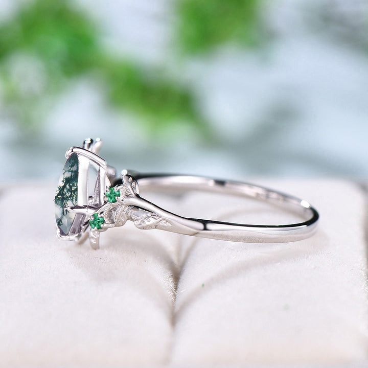 Unique Kite Cut Moss Agate Ring Vintage Branch Twig Engagement Ring Cluster Emerald Wedding Ring Women Green Gemstone Leaf Promise Ring - PENFINE