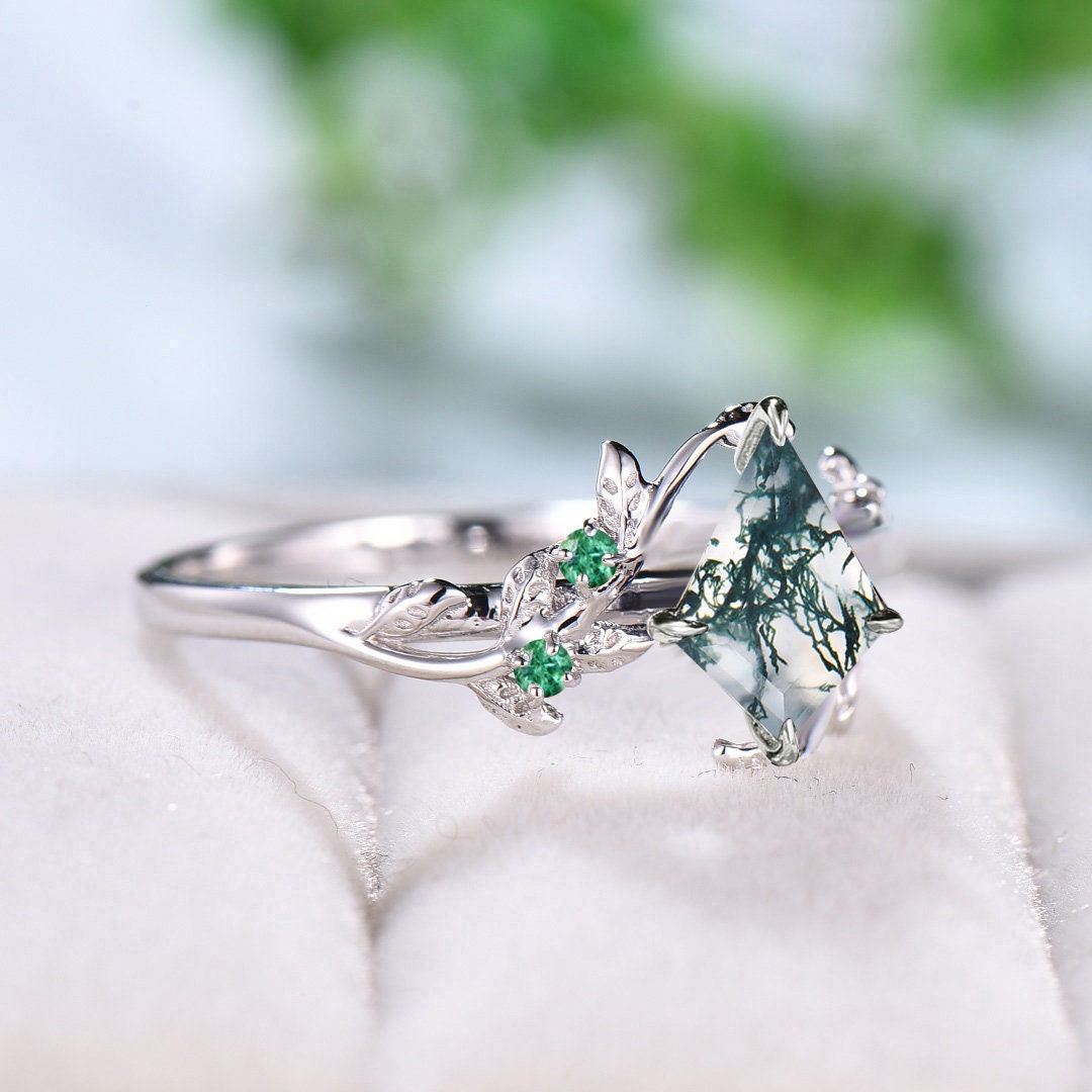 Unique Kite Cut Moss Agate Ring Vintage Branch Twig Engagement Ring Cluster Emerald Wedding Ring Women Green Gemstone Leaf Promise Ring - PENFINE