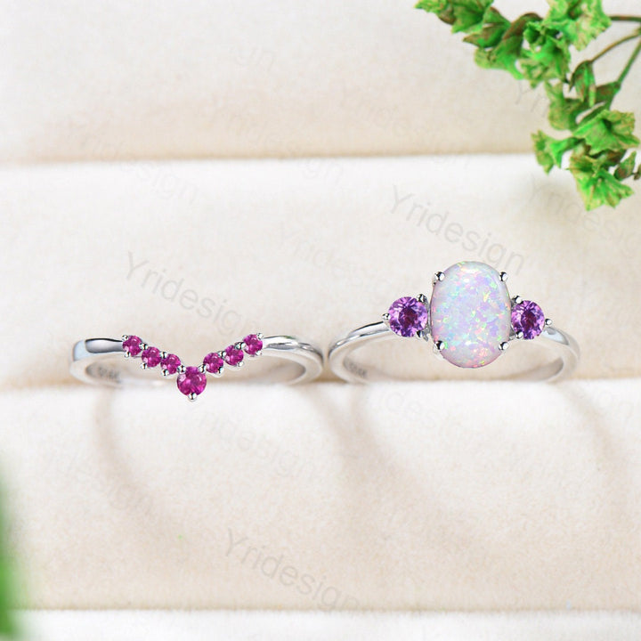 Vintage Opal Amethyst Engagement Ring Set Unique Oval Fire Opal Wedding Ring Set Crown pink tourmaline Stacking Band Antique Bridal Ring Set - PENFINE