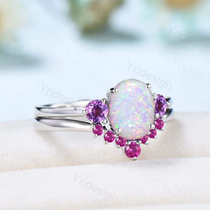 Vintage Opal Amethyst Engagement Ring Set Unique Oval Fire Opal Wedding Ring Set Crown pink tourmaline Stacking Band Antique Bridal Ring Set - PENFINE