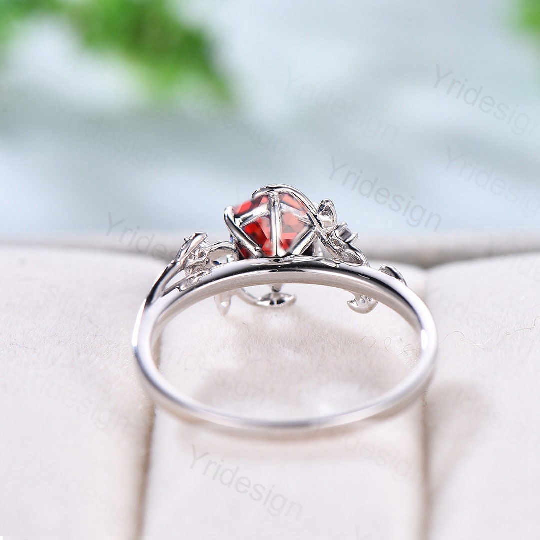 Natural Inspired Garnet Ring Vintage Unique Twig Engagement Ring 14K White Gold Leaf Branch Wedding Ring Women January Birthstone  Ring - PENFINE