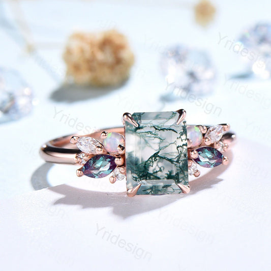Emerald Cut Moss Agate Engagement Ring Rose Gold Alternative Alexandrite Opal Wedding Ring For Women Vintage Unique Cluster Anniversary Gift - PENFINE