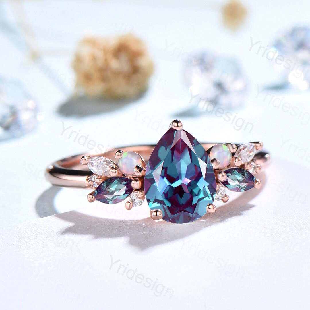 Pear Alexandrite engagement ring, Rose gold Cluster 14k deals rose gold Pear cut ring art deco ring for women unique bridal wedding ring