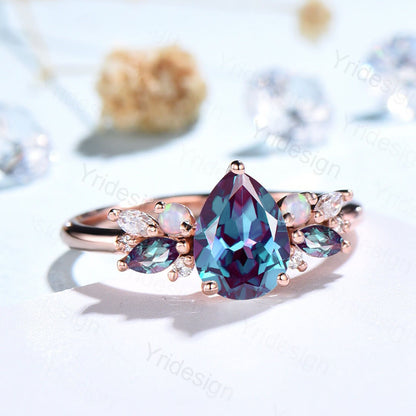 Vintage Alexandrite Opal Engagement Ring Pear Shaped Wedding Ring Women Art Deco Cluster Moissanite Anniversary Gift Bridal Promise Ring - PENFINE