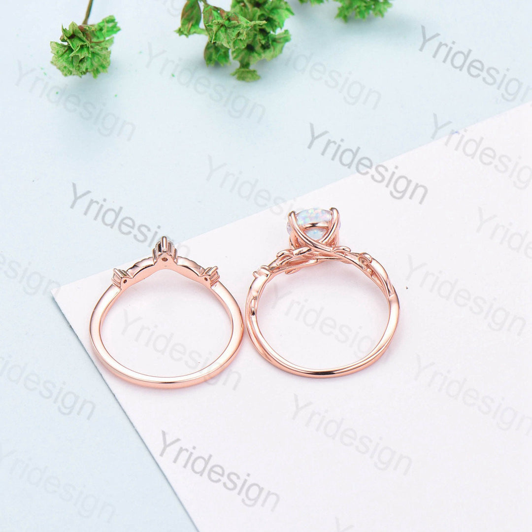 Twig Opal Engagement Ring Set Rose Gold Natural Inspired Branch Opal Amethyst Wedding Ring Set Women Unique Leaf anniversary promise ring - PENFINE