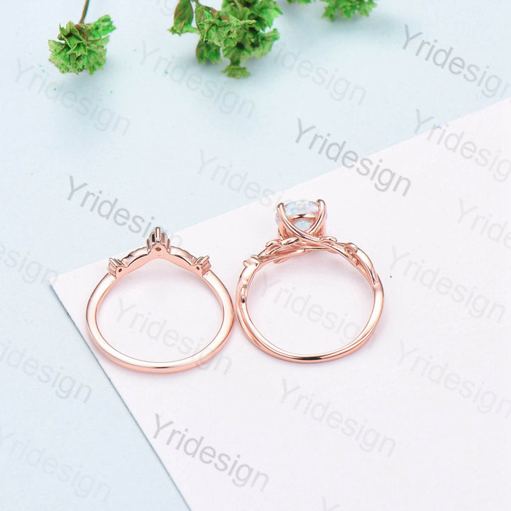 Twig Opal Engagement Ring Set Rose Gold Natural Inspired Branch Opal Amethyst Wedding Ring Set Women Unique Leaf anniversary promise ring - PENFINE