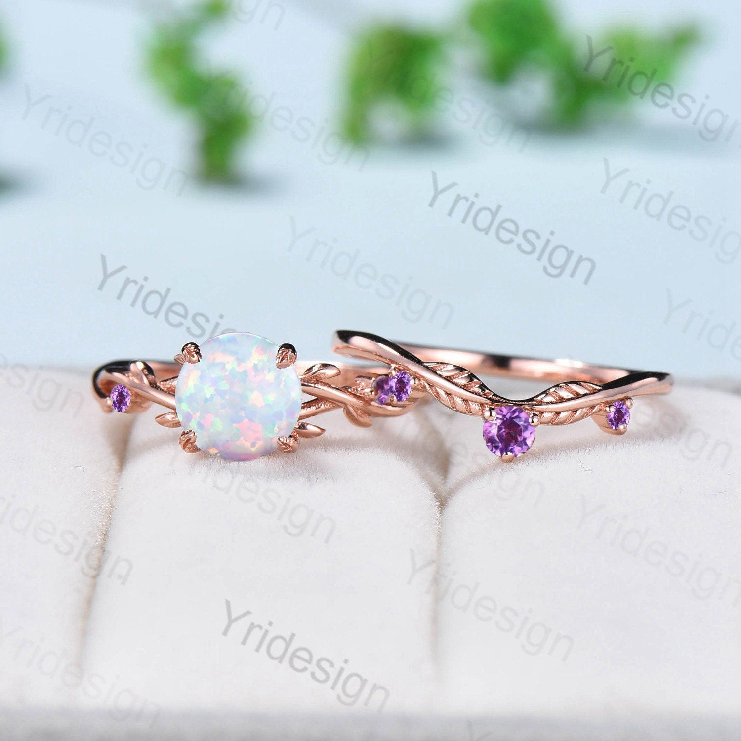 Twig Opal Engagement Ring Set Rose Gold Natural Inspired Branch Opal Amethyst Wedding Ring Set Women Unique Leaf anniversary promise ring - PENFINE
