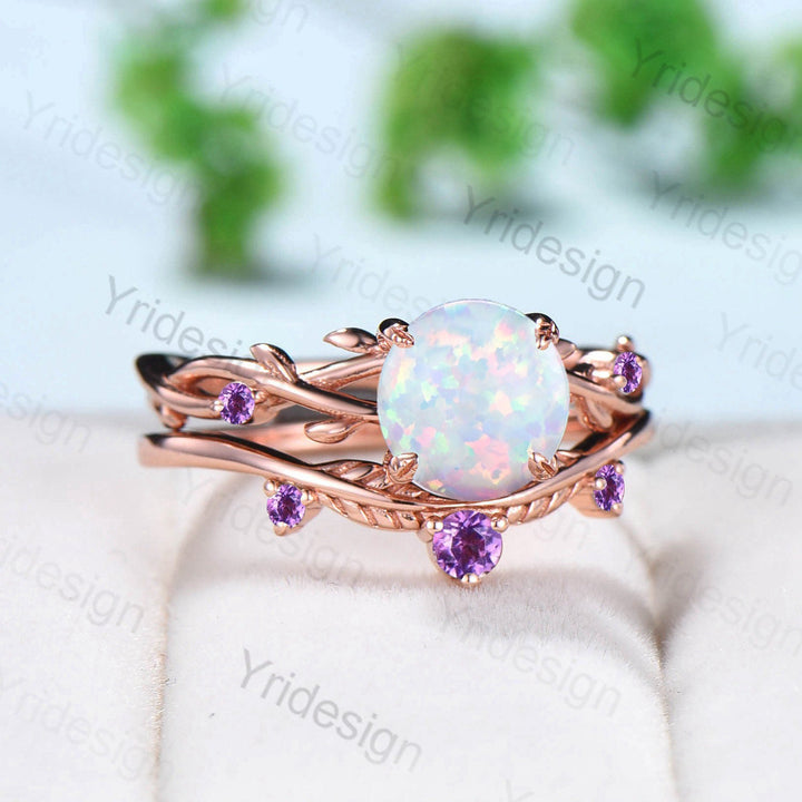 Twig Opal Engagement Ring Set Rose Gold Natural Inspired Branch Opal Amethyst Wedding Ring Set Women Unique Leaf anniversary promise ring - PENFINE