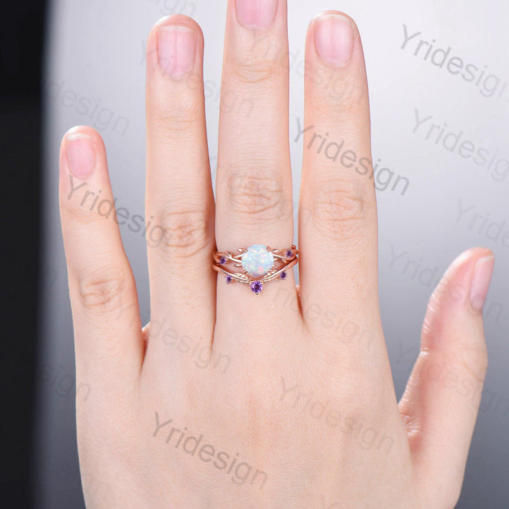 Twig Opal Engagement Ring Set Rose Gold Natural Inspired Branch Opal Amethyst Wedding Ring Set Women Unique Leaf anniversary promise ring - PENFINE
