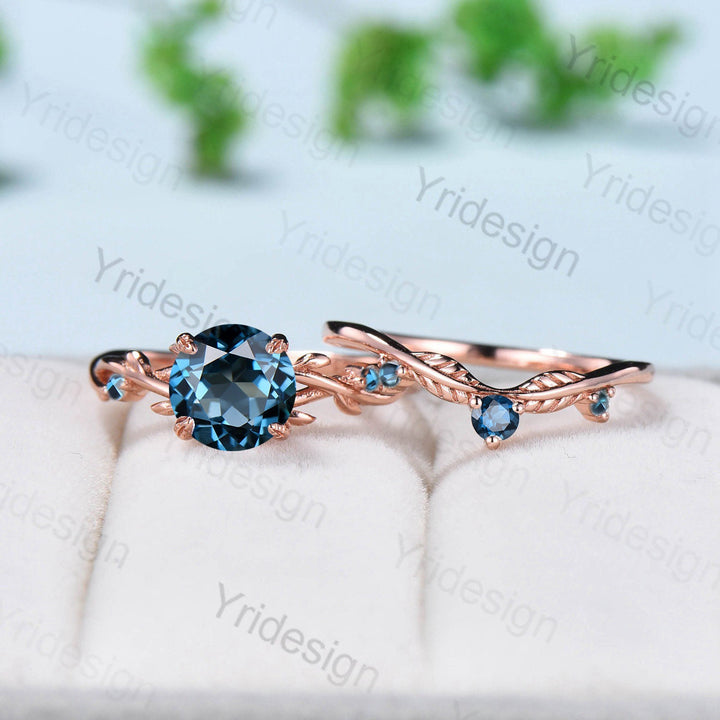 London Blue Topaz Engagement Ring Set Rose Gold Natural Inspired Branch Topaz Wedding Ring Set Women Unique Leaf anniversary promise ring - PENFINE