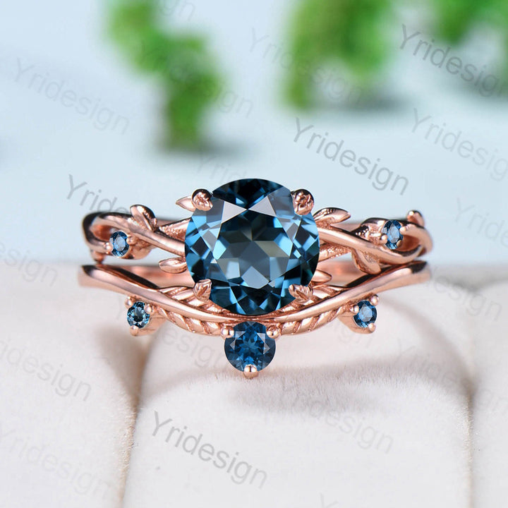 London Blue Topaz Engagement Ring Set Rose Gold Natural Inspired Branch Topaz Wedding Ring Set Women Unique Leaf anniversary promise ring - PENFINE