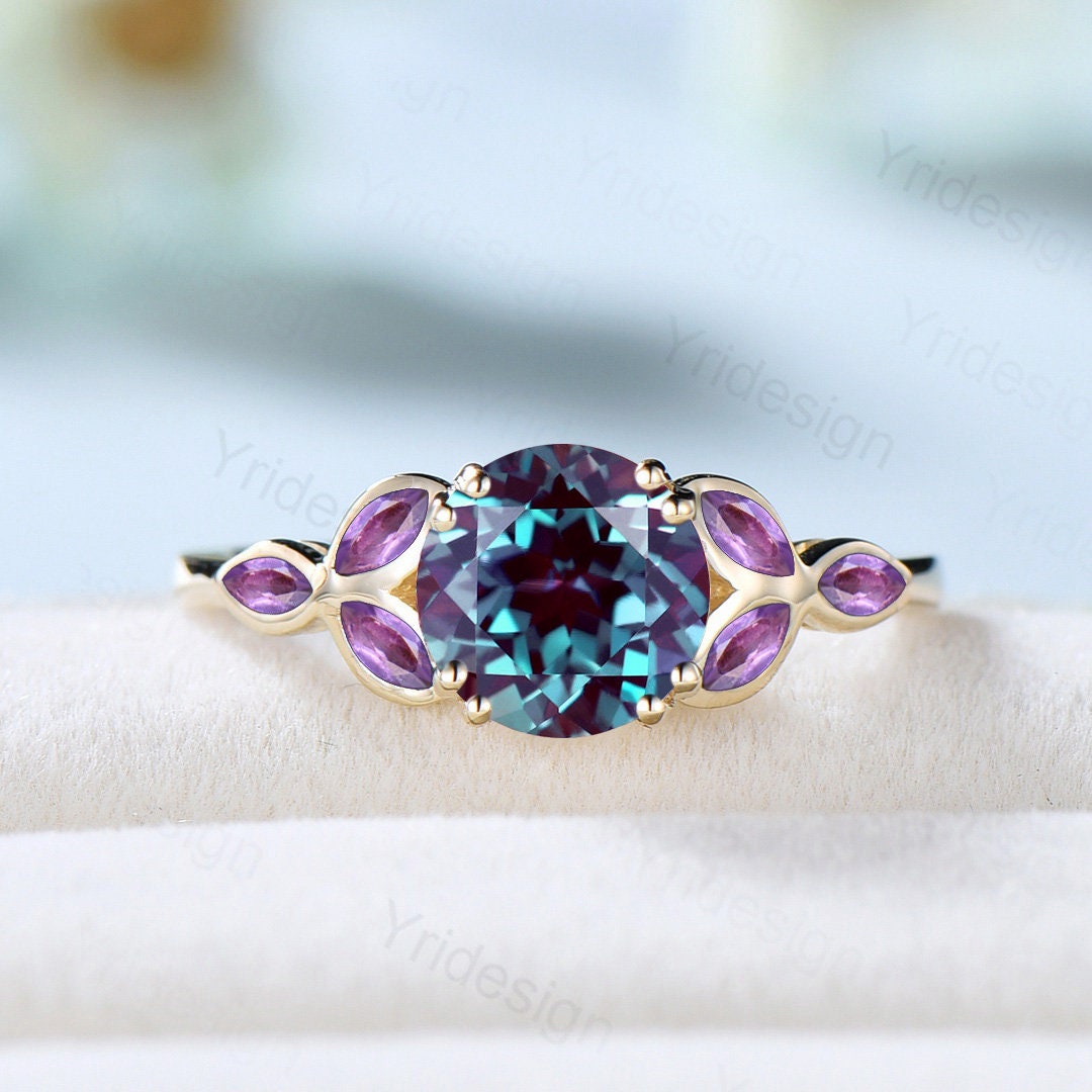 Vintage Alexandrite ring for women unique engagement ring Bezel set Art deco bridal ring leaf band Marquise amethyst Dainty promise ring - PENFINE