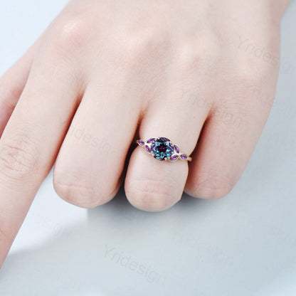 Vintage Alexandrite ring for women unique engagement ring Bezel set Art deco bridal ring leaf band Marquise amethyst Dainty promise ring - PENFINE