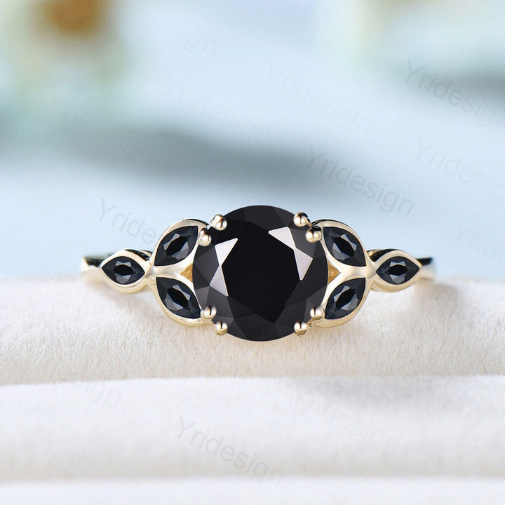 Vintage Black Onyx Engagement Ring Unique Leaf Engagement Ring Marquise Spinel Wedding Ring Women Delicate Anniversary gift promise ring - PENFINE