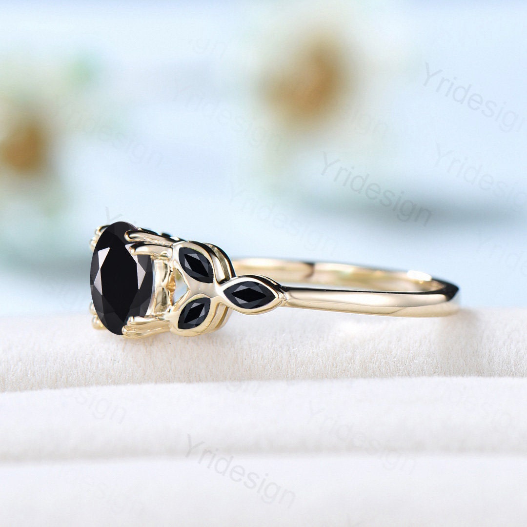 Vintage Black Onyx Engagement Ring Unique Leaf Engagement Ring Marquise Spinel Wedding Ring Women Delicate Anniversary gift promise ring - PENFINE