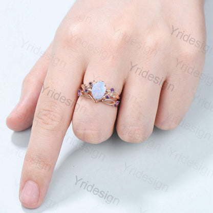 Natural Inspired Leaf opal ring set cluster amethyst fire opal engagement ring women unique branch wedding ring set for her anniversary gift - PENFINE