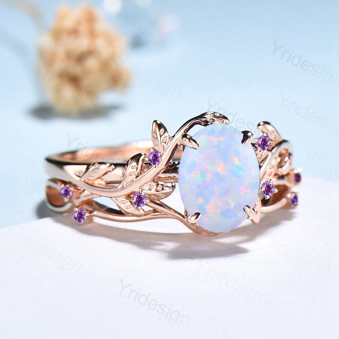 Natural Inspired Leaf opal ring set cluster amethyst fire opal engagement ring women unique branch wedding ring set for her anniversary gift - PENFINE