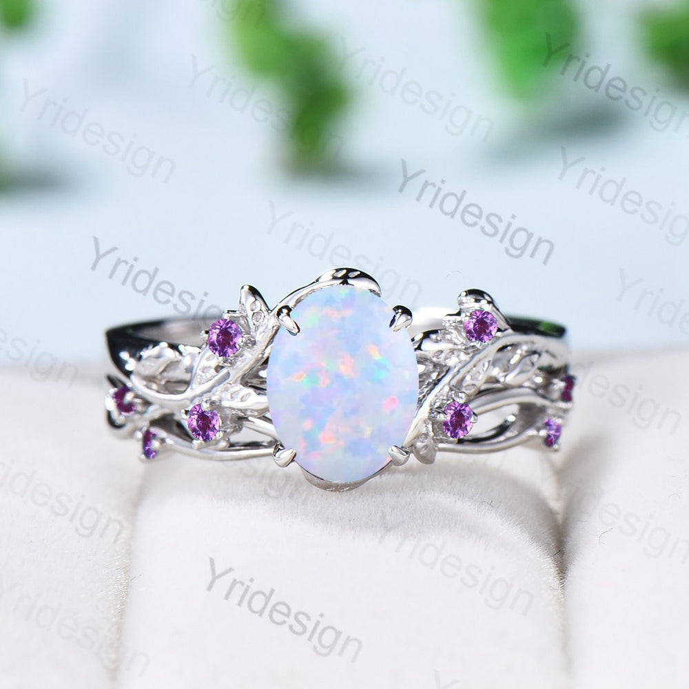 Natural Inspired Leaf opal ring set cluster amethyst fire opal engagement ring women unique branch wedding ring set for her anniversary gift - PENFINE