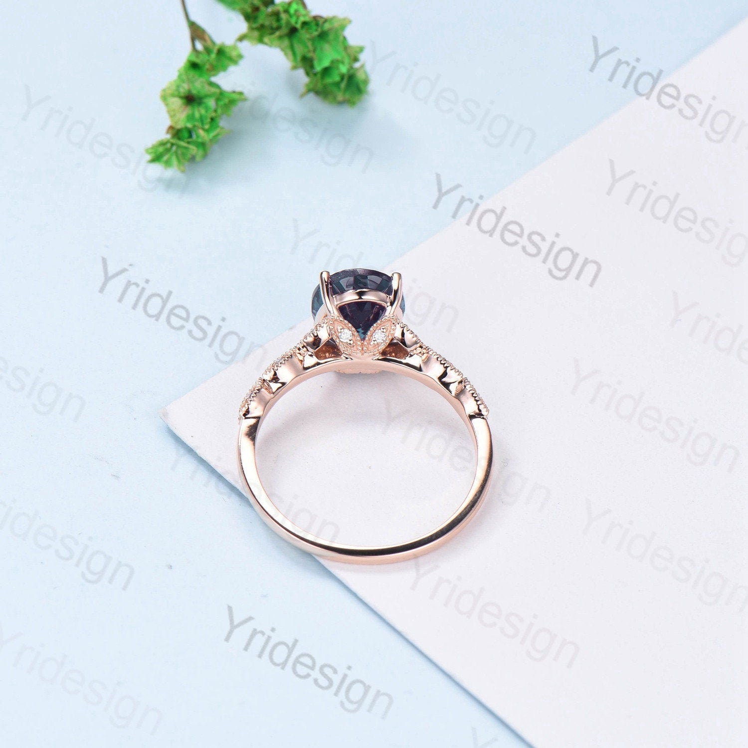 8X10mm Oval Alexandrite engagement ring Split shank art deco moissanite diamond wedding ring women Milgrain June birthstone anniversary gift - PENFINE