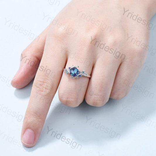 Twig alexandrite engagement ring Hexagon Vintage Unique color changing bridal ring cluster alternative emerald sapphire wedding ring women - PENFINE