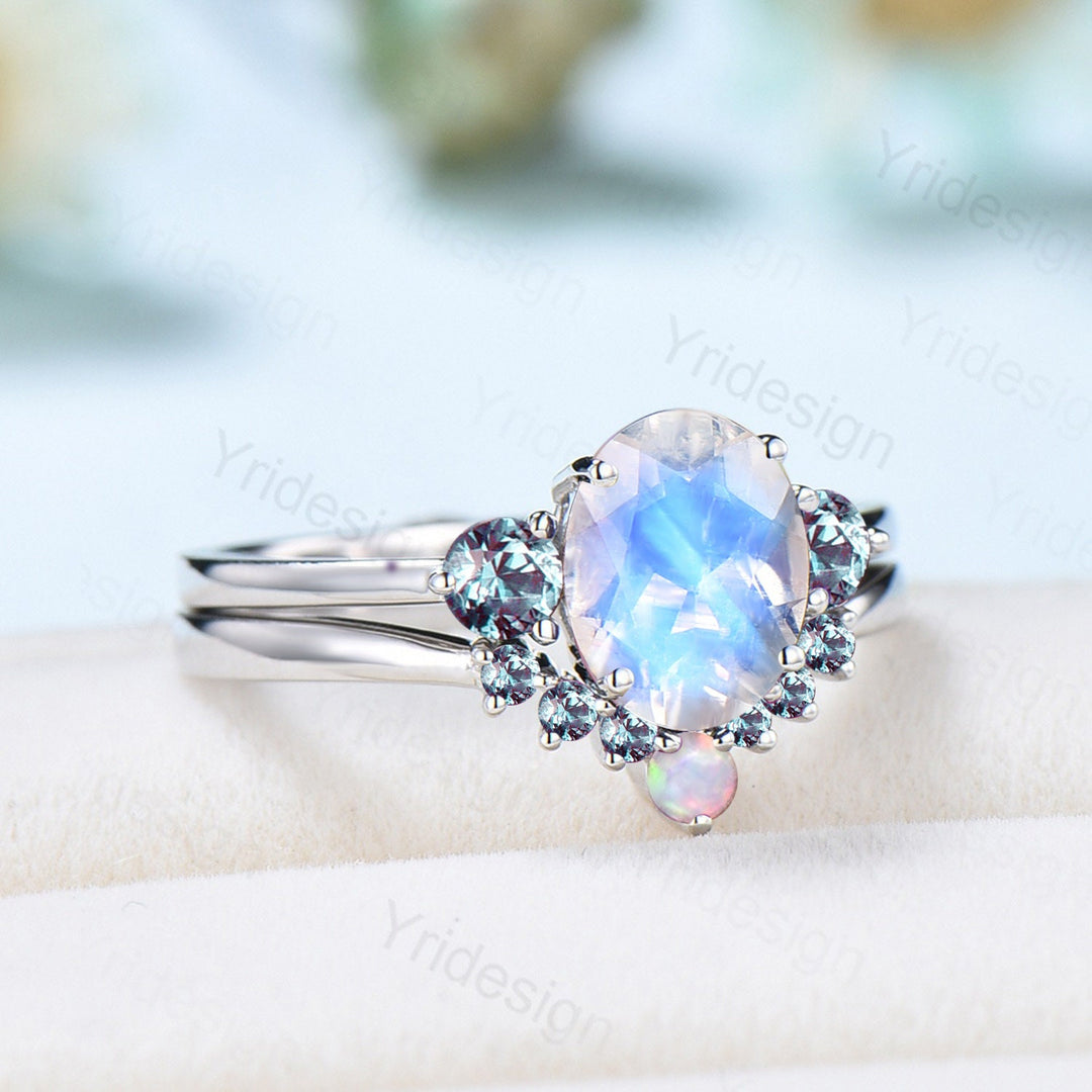 1.5ct Oval Natural Moonstone Engagement Ring Set Three Stone Cluster Alexandrite Promise Ring Woman Opal Wedding Ring Set June Birthstone - PENFINE