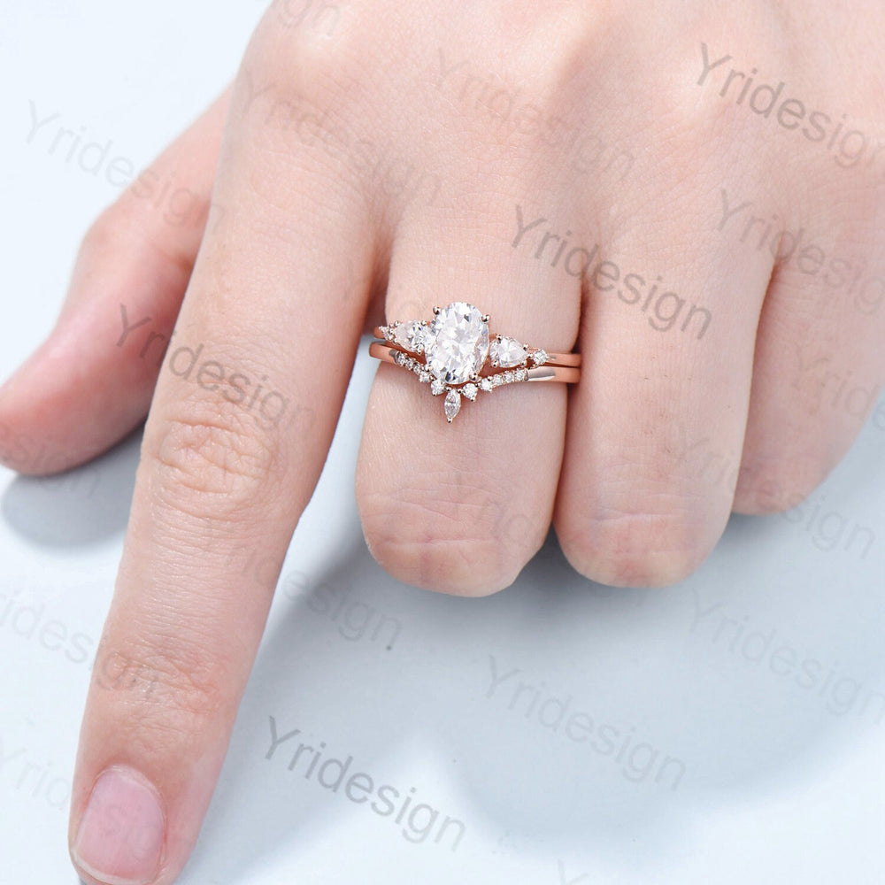 Vintage Moissanite engagement ring set unique solid gold oval moissanite engagement ring women crown wedding band Bridal Promise ring Women - PENFINE