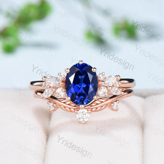 Oval Sapphire Wedding Ring Set Rose Gold Sapphire Diamond Engagement Ring Set Vintage Leaf Stacking Ring Natural Inspired Promise Ring - PENFINE