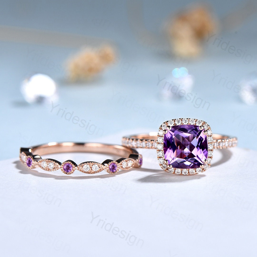 Cushion cut amethyst wedding ring set 14k rose gold vintage antique amethyst engagement ring set for women Art deco halo diamond bridal set - PENFINE