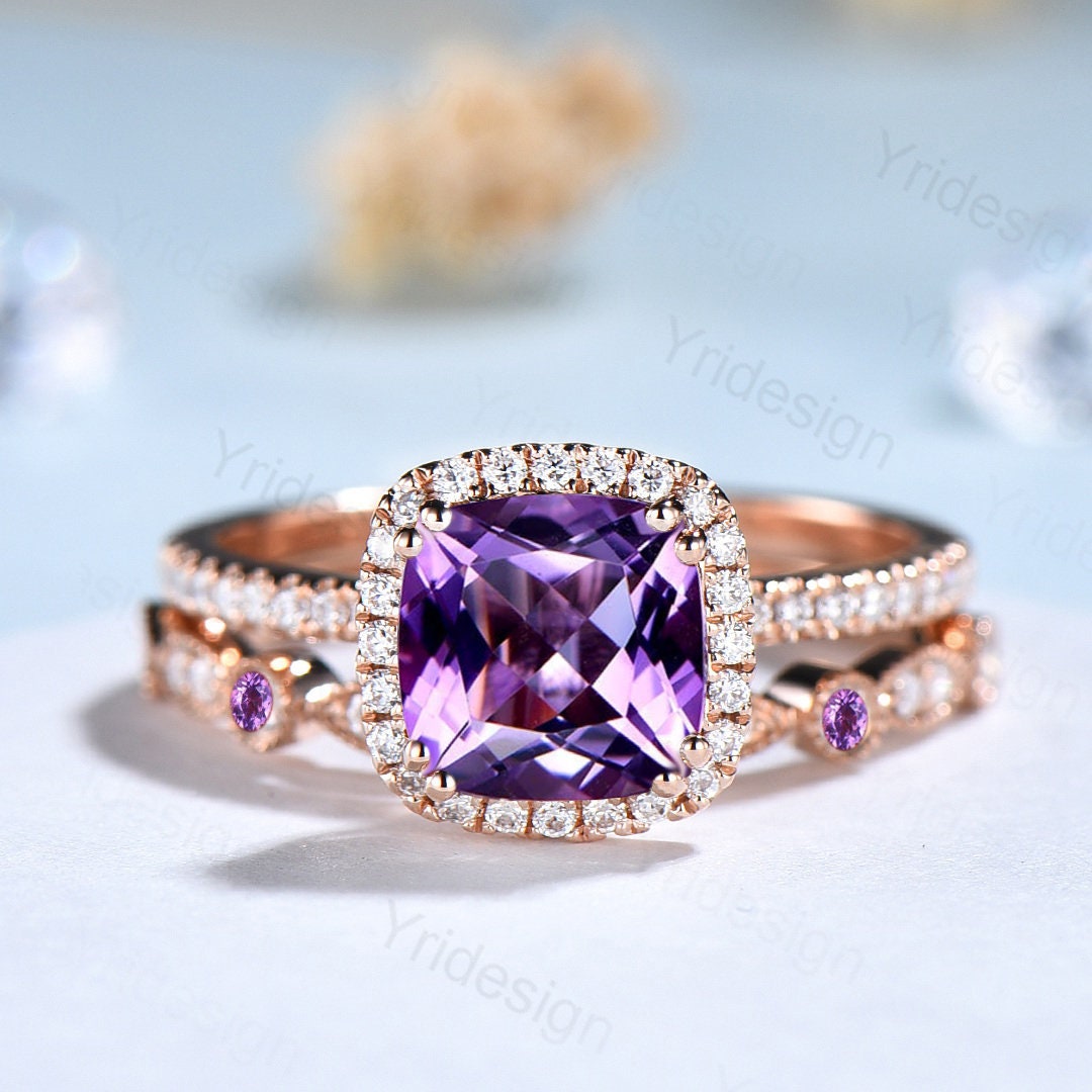 Cushion cut amethyst wedding ring set 14k rose gold vintage antique amethyst engagement ring set for women Art deco halo diamond bridal set - PENFINE