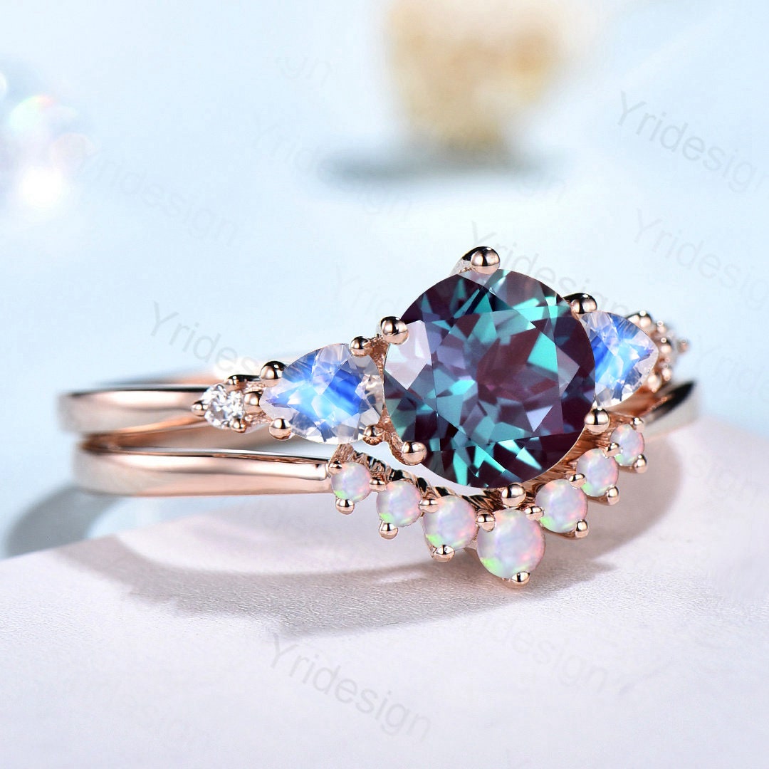 Vintage Alexandrite Engagement Ring Set Rose Gold Five Stone Pear Moonstone Wedding Ring Set Women Crown Opal Stacking Band Anniversary Gift - PENFINE