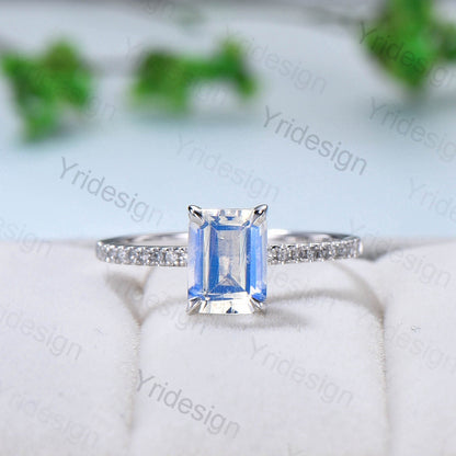 Rainbow Blue Emerald Cut Moonstone Engagement Ring 10k 14k 18k White Gold Pave Accent Diamonds Bridal Ring Antique Wedding Ring For Women - PENFINE