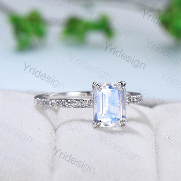 Rainbow Blue Emerald Cut Moonstone Engagement Ring 10k 14k 18k White Gold Pave Accent Diamonds Bridal Ring Antique Wedding Ring For Women - PENFINE