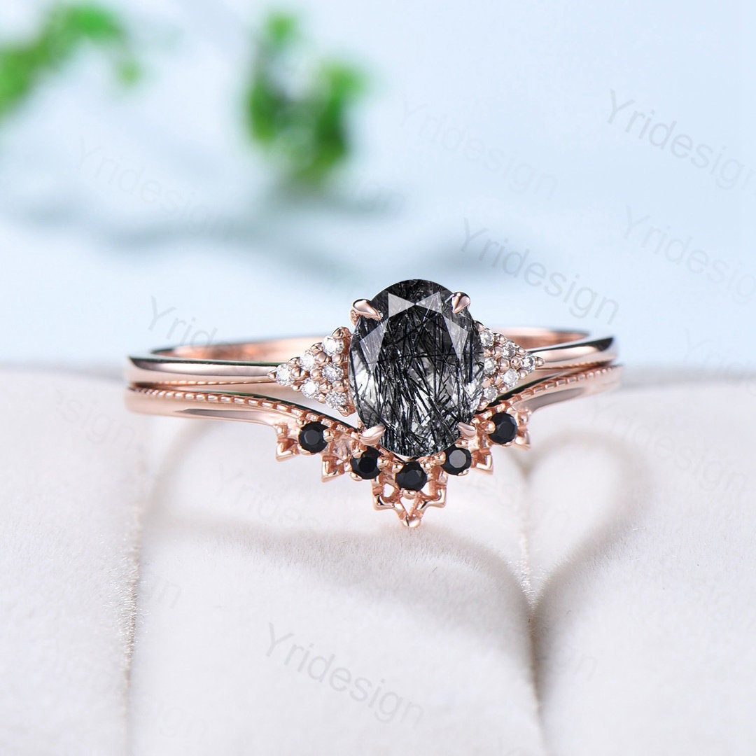 Oval Black Rutilated Quartz Engagement Ring Set Unique Black Rutile Crystal Vintage Birthday gift  wedding set black spinel stacking band - PENFINE