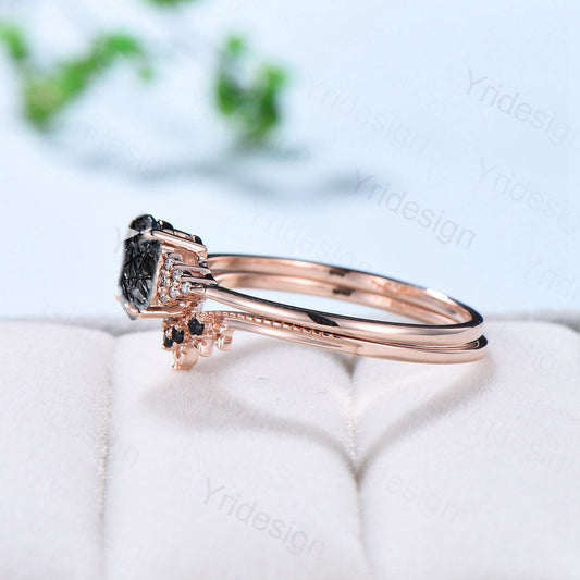 Oval Black Rutilated Quartz Engagement Ring Set Unique Black Rutile Crystal Vintage Birthday gift wedding set black spinel stacking band - PENFINE