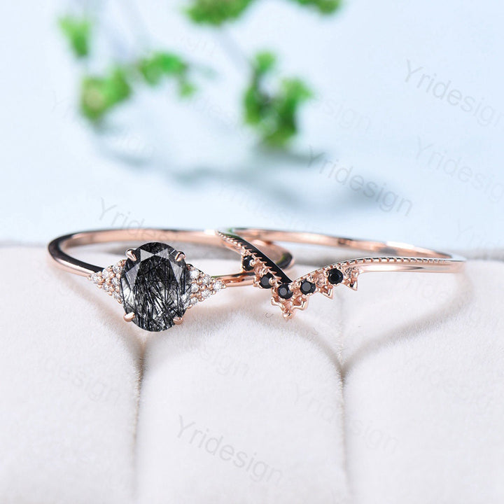 Oval Black Rutilated Quartz Engagement Ring Set Unique Black Rutile Crystal Vintage Birthday gift  wedding set black spinel stacking band - PENFINE