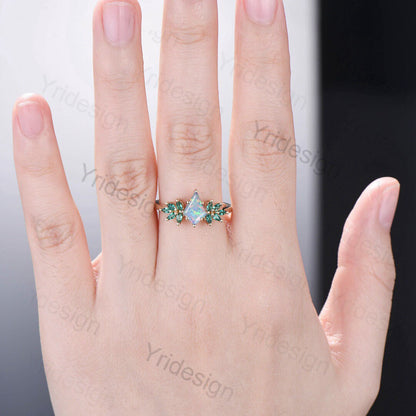 Vintage fire opal engagement ring kite cut Unique cluster emerald wedding ring for women Gold art deco birthday anniversary promise ring - PENFINE