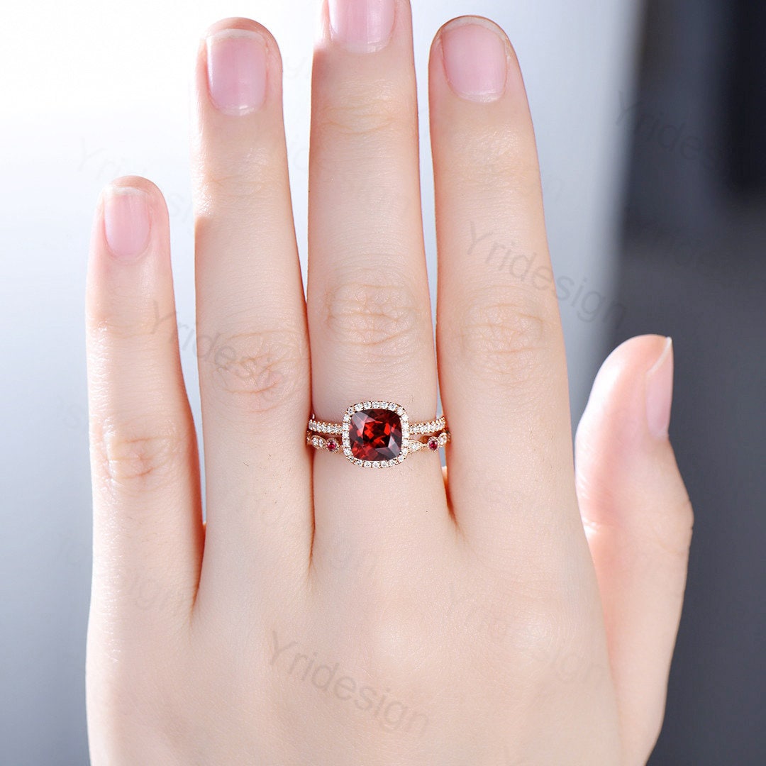 Cushion cut garnet wedding ring set 14k rose gold vintage antique garnet  engagement ring set for women Art deco halo diamond bridal set